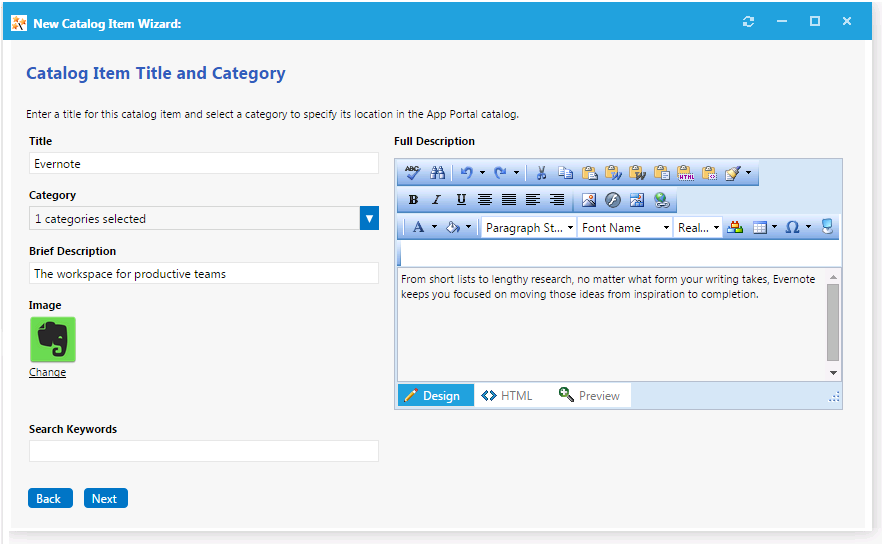 Catalog Item Title and Category panel