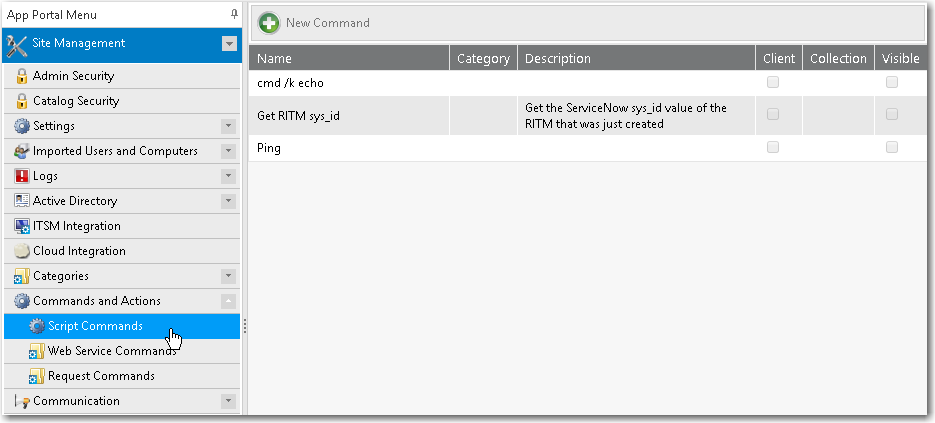 Site Management > Commands and Actions > Script Commands