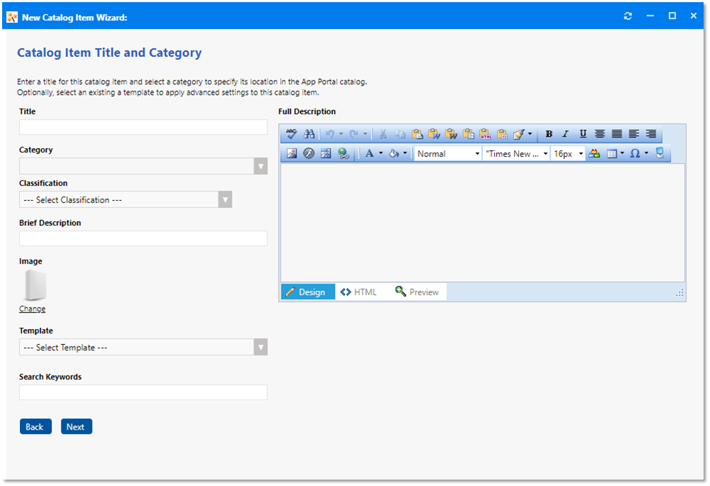 Catalog Item Title and Category Panel / New Catalog Item Wizard
