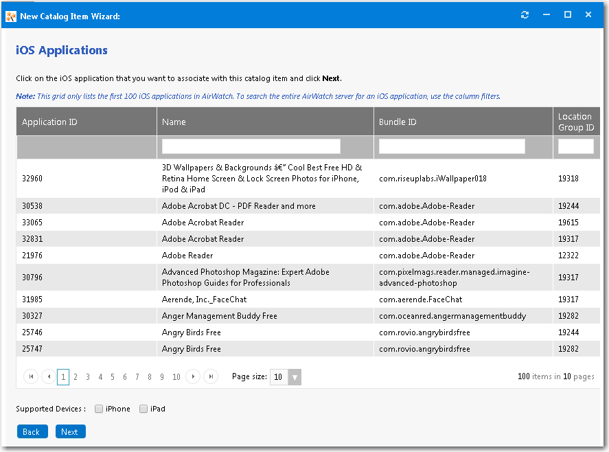 iOS Applications panel